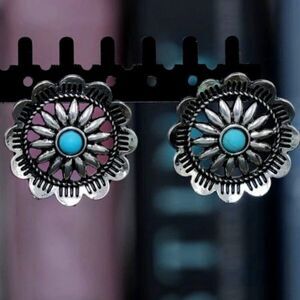 SILVER TURQUOISE FLOWER SANTA FE SOUTHWESTERN STYLE EARRINGS